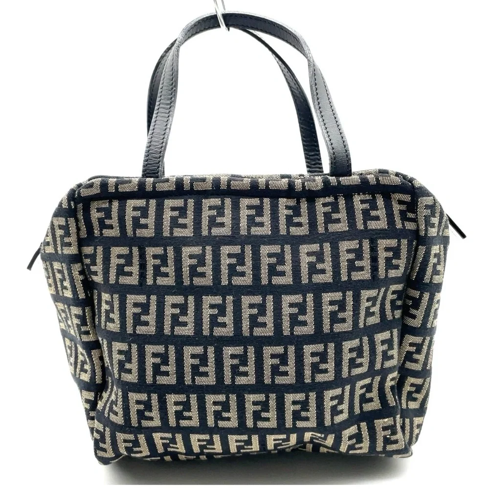 Authentic Fendi Zucchino Pattern Canvas Black x Beige Small Handbag - Picture 1 of 15